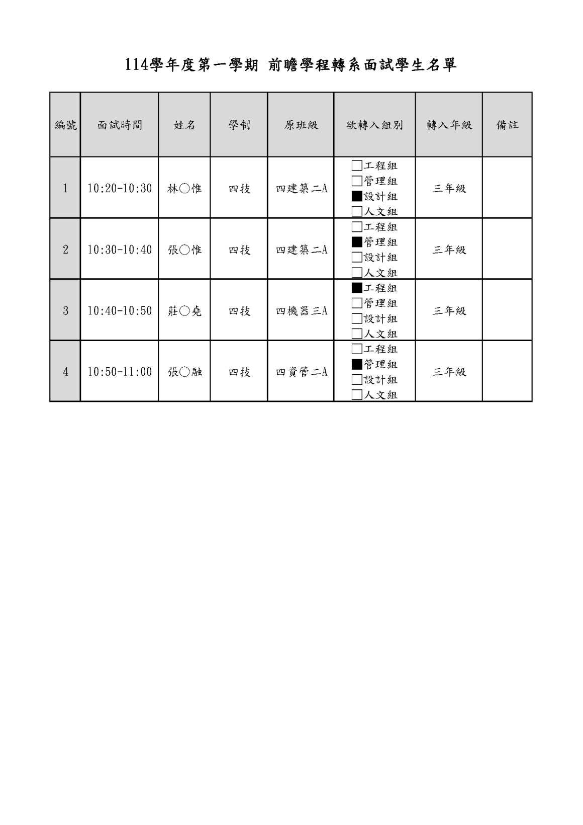 114學年度第一學期 前瞻學程轉系學生名冊20250506(公告)